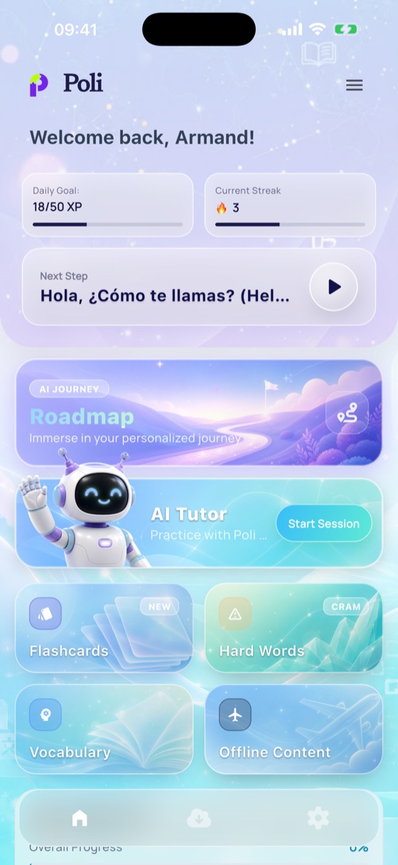 Poli app — personalized home screen